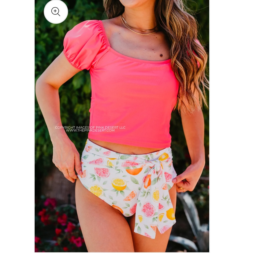 Pink Desert high waist tie front swim bottoms in citrus